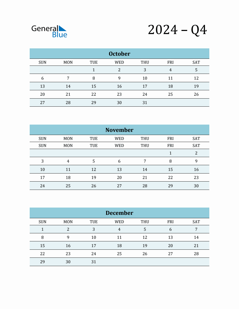 Blank Q4 Quarterly Calendar 2024 (October, November and December)