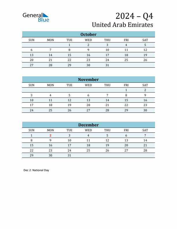 Three-Month Planner for Q4 2024 with Holidays - United Arab Emirates