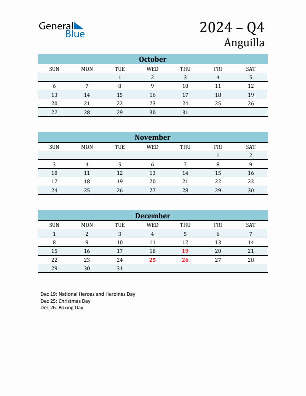 Three-Month Planner for Q4 2024 with Holidays - Anguilla