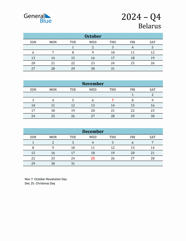 Three-Month Planner for Q4 2024 with Holidays - Belarus