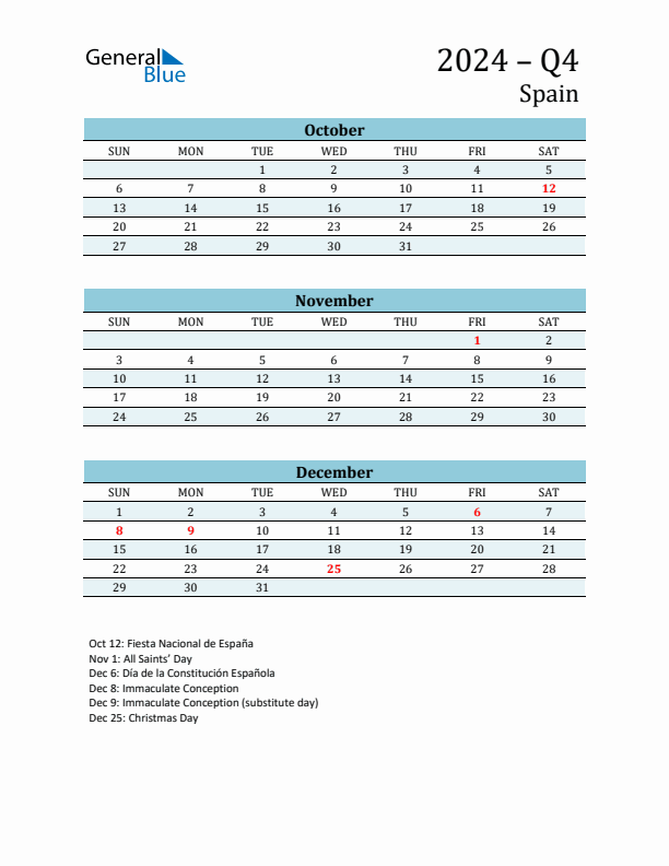Three-Month Planner for Q4 2024 with Holidays - Spain