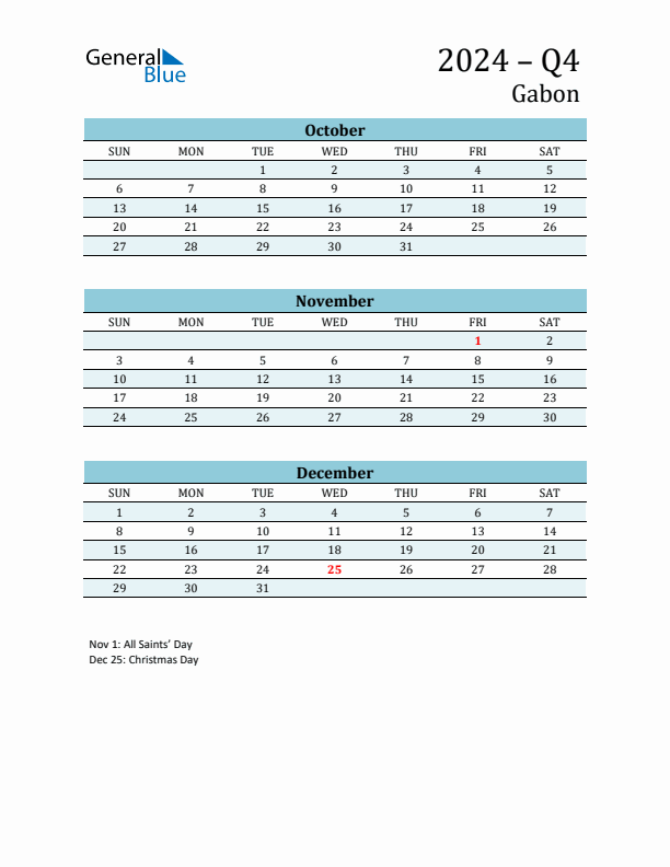 Three-Month Planner for Q4 2024 with Holidays - Gabon