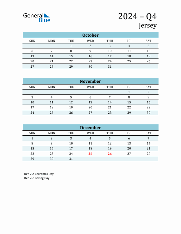 Three-Month Planner for Q4 2024 with Holidays - Jersey