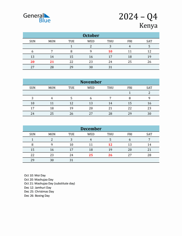 Three-Month Planner for Q4 2024 with Holidays - Kenya