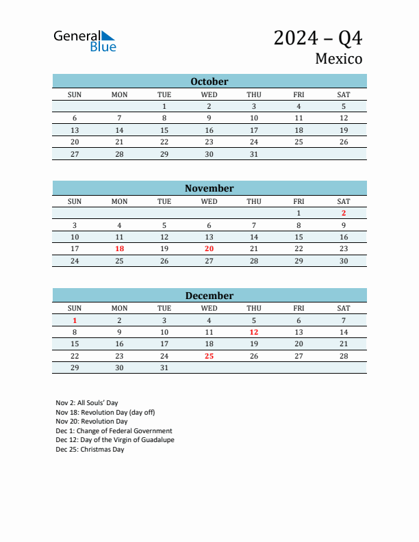 Three-Month Planner for Q4 2024 with Holidays - Mexico