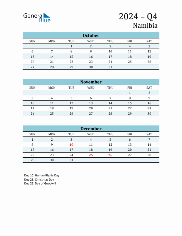 Three-Month Planner for Q4 2024 with Holidays - Namibia