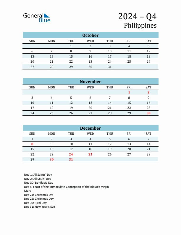 Three-Month Planner for Q4 2024 with Holidays - Philippines