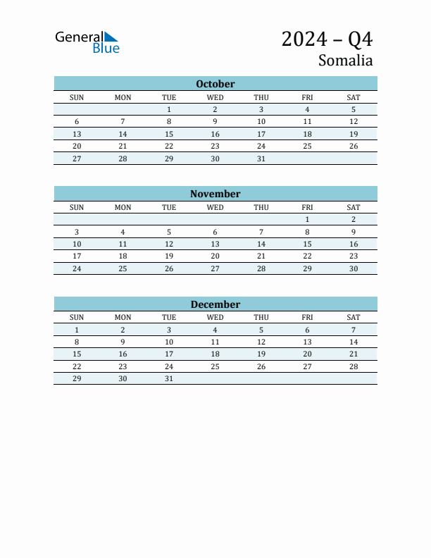 Three-Month Planner for Q4 2024 with Holidays - Somalia