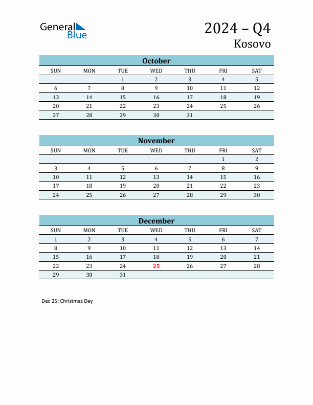 Three-Month Planner for Q4 2024 with Holidays - Kosovo