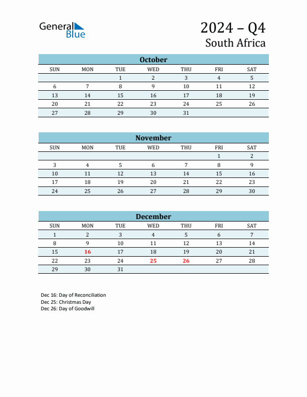 Q4 2024 Quarterly Calendar with South Africa Holidays (PDF, Excel, Word)