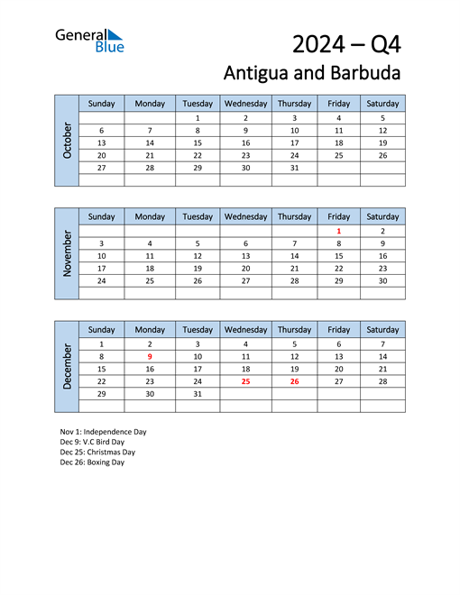  Free Q4 2024 Calendar for Antigua and Barbuda