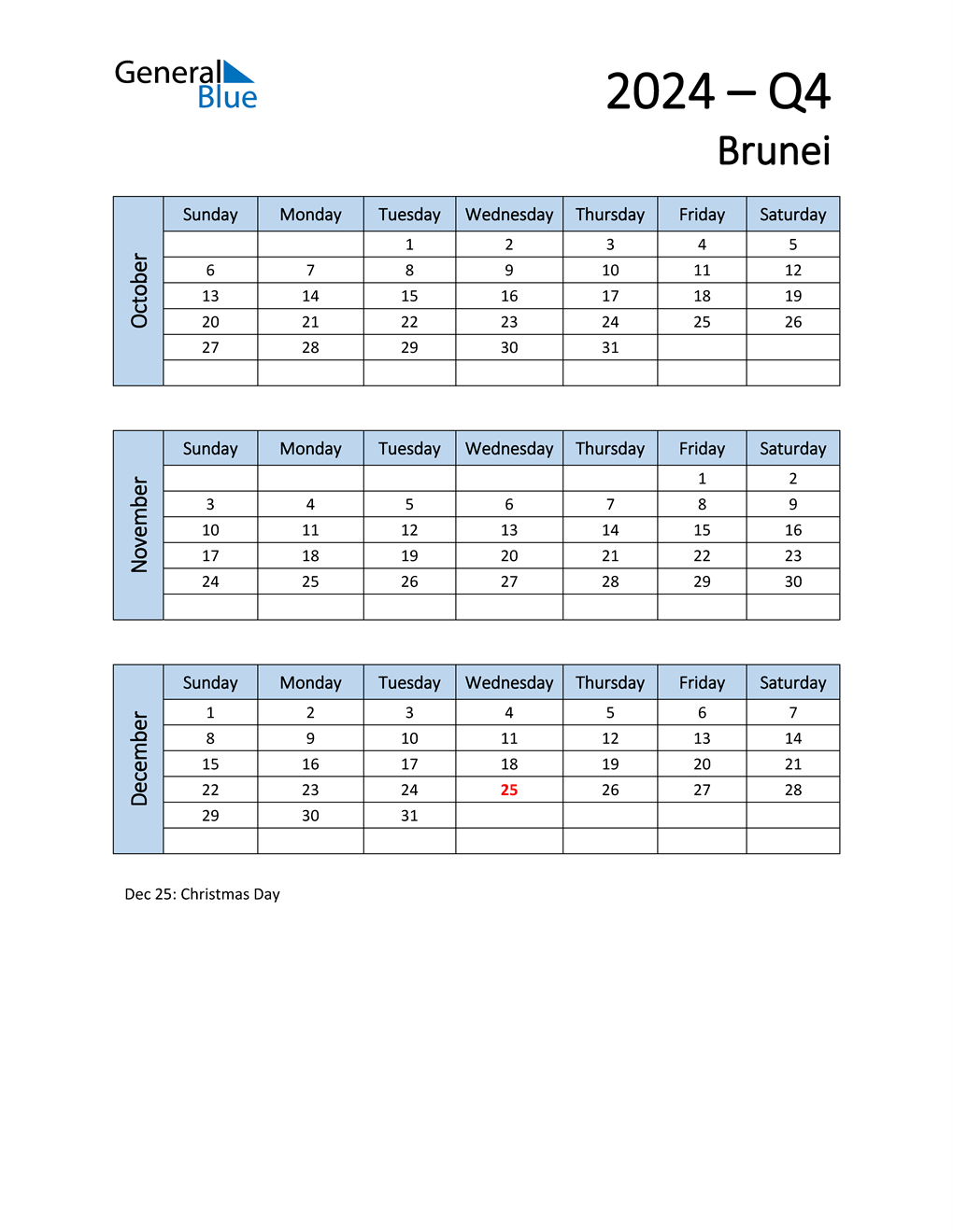  Free Q4 2024 Calendar for Brunei