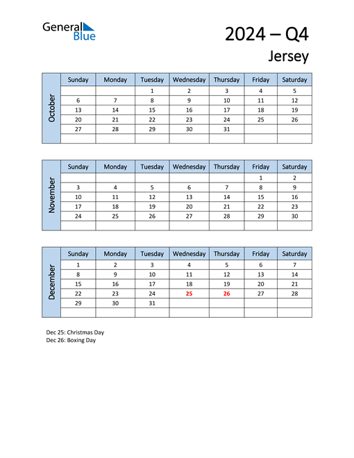 Q4 2024 Quarterly Calendar with Jersey Holidays