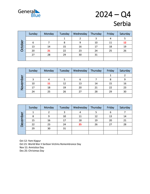  Free Q4 2024 Calendar for Serbia