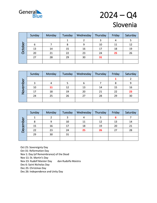  Free Q4 2024 Calendar for Slovenia