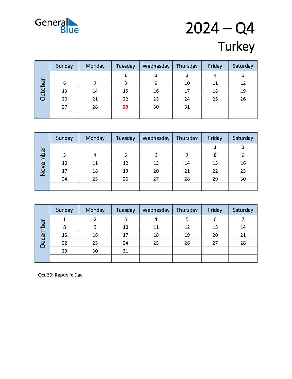  Free Q4 2024 Calendar for Turkey