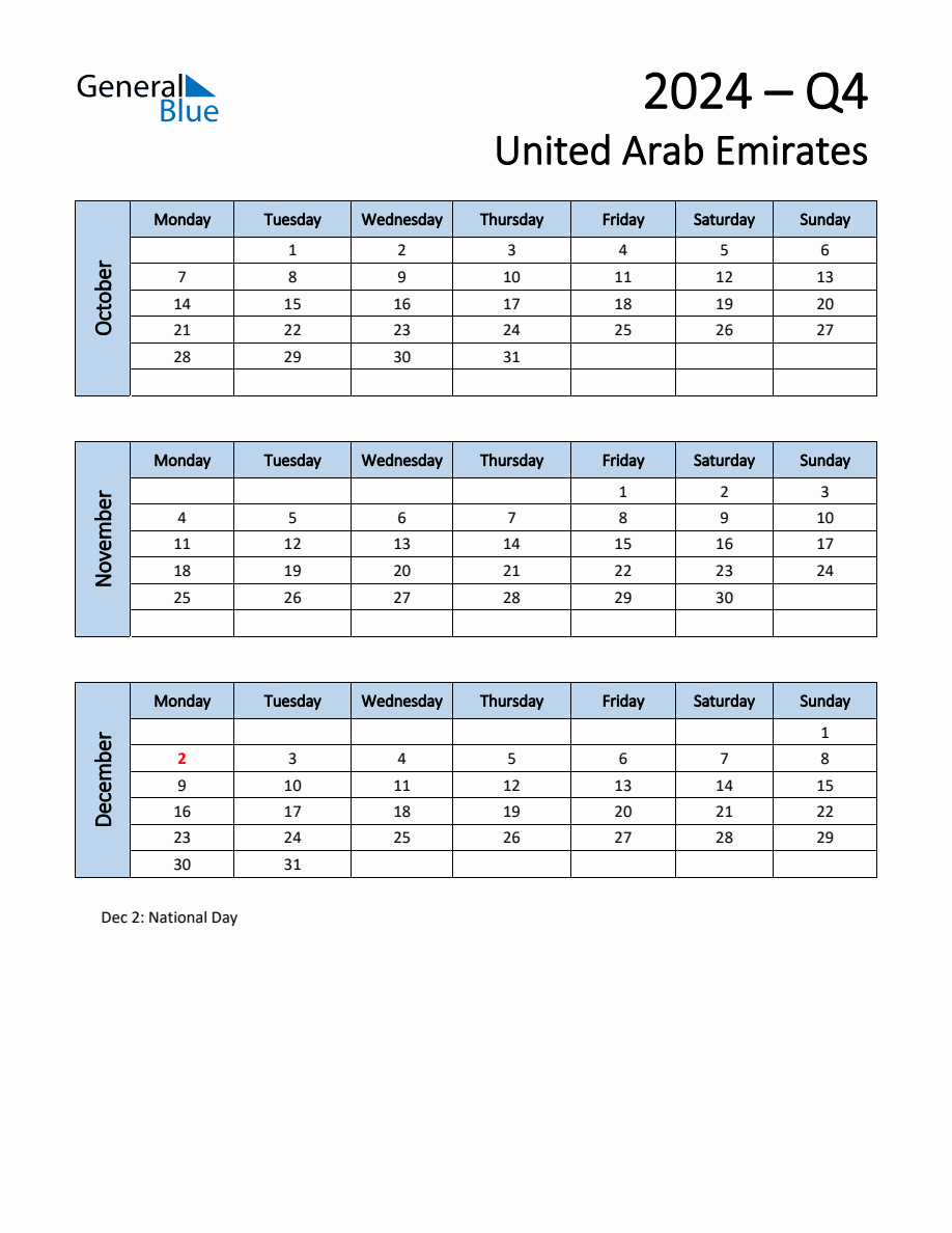 Free Q4 2024 Calendar for United Arab Emirates Monday Start