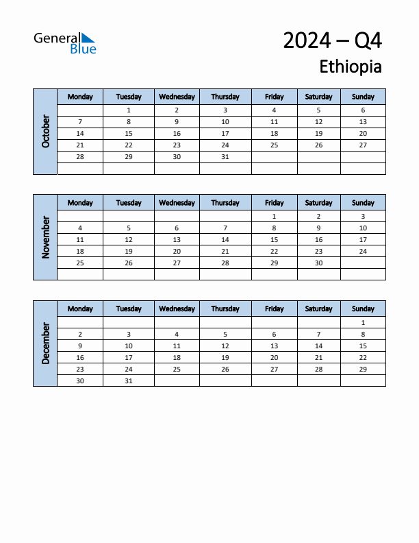 Free Q4 2024 Calendar for Ethiopia - Monday Start