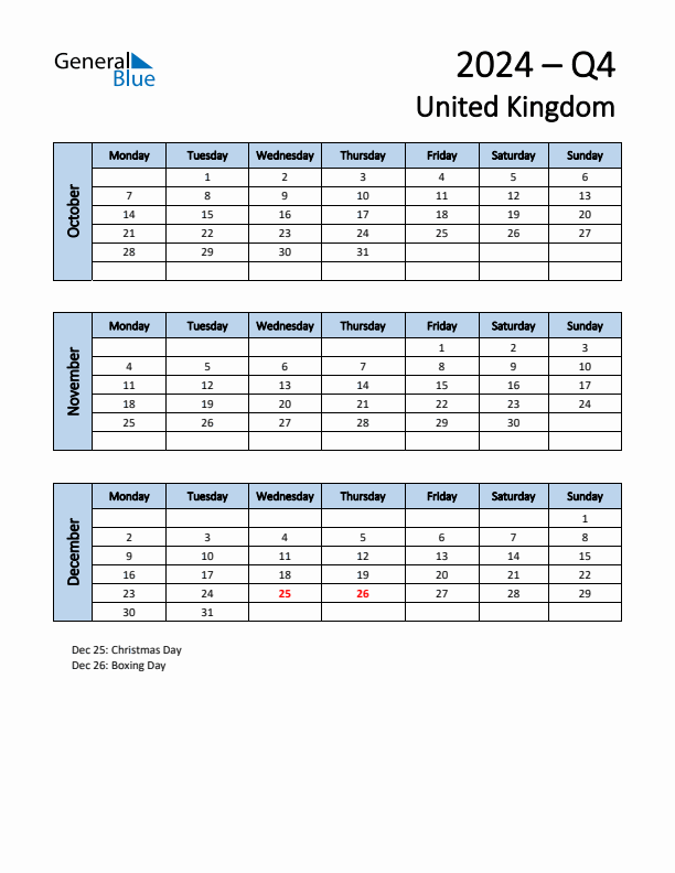 Free Q4 2024 Calendar for United Kingdom - Monday Start