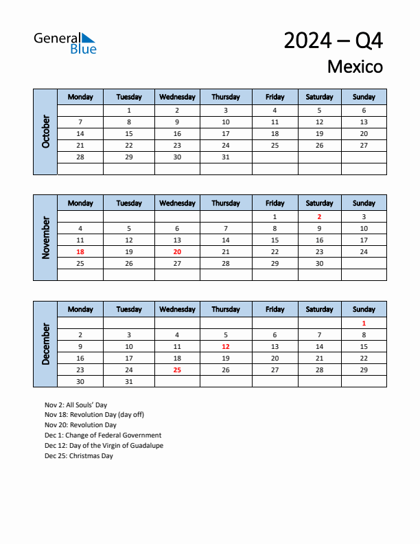 Free Q4 2024 Calendar for Mexico - Monday Start