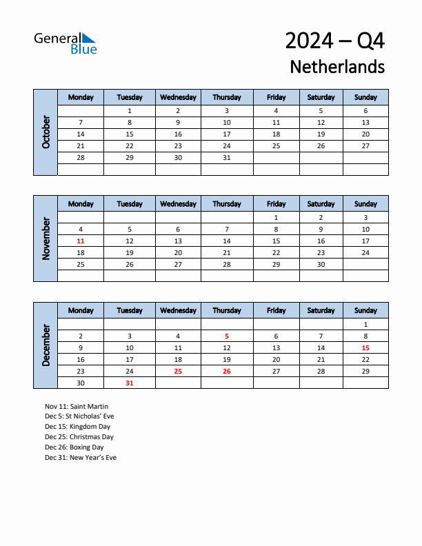 Free Q4 2024 Calendar for The Netherlands - Monday Start
