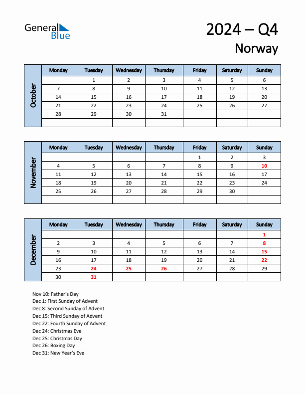 Free Q4 2024 Calendar for Norway - Monday Start