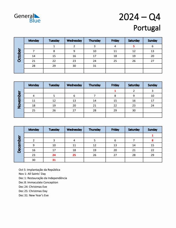 Free Q4 2024 Calendar for Portugal - Monday Start