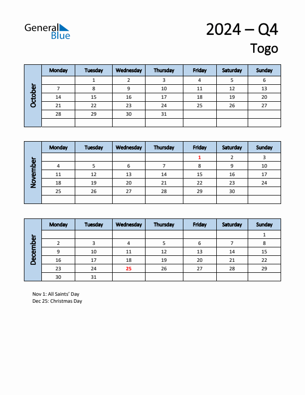 Free Q4 2024 Calendar for Togo - Monday Start