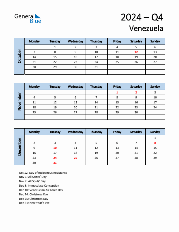 Free Q4 2024 Calendar for Venezuela - Monday Start
