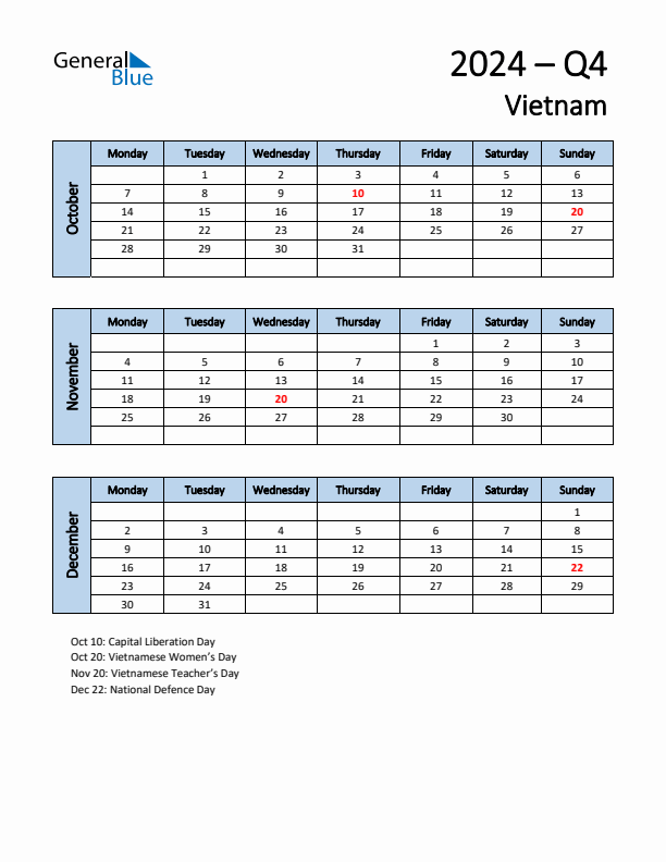 Free Q4 2024 Calendar for Vietnam - Monday Start