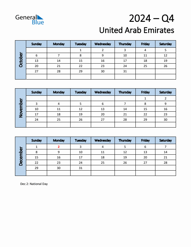 Free Q4 2024 Calendar for United Arab Emirates - Sunday Start