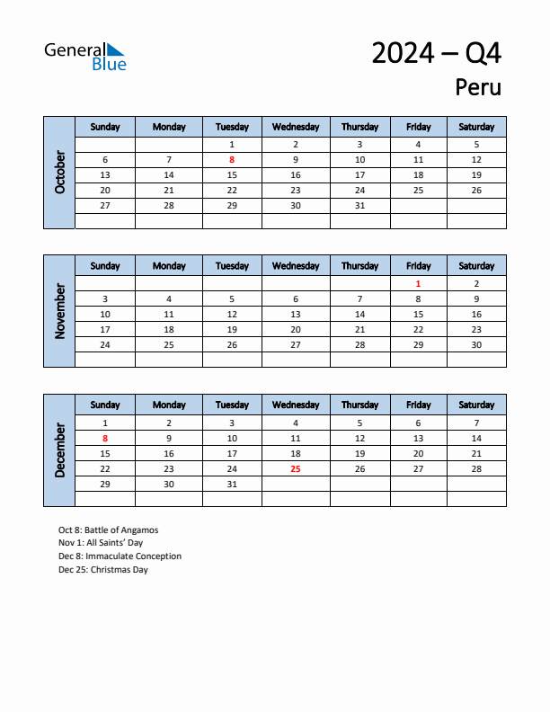 Q4 2024 Quarterly Calendar with Peru Holidays