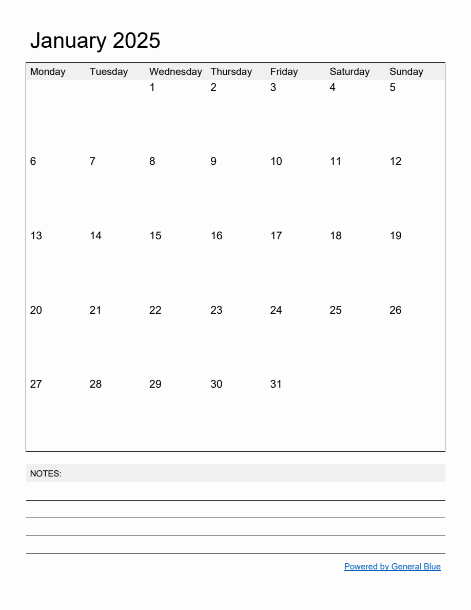 Free Printable Monthly Calendar for January 2025