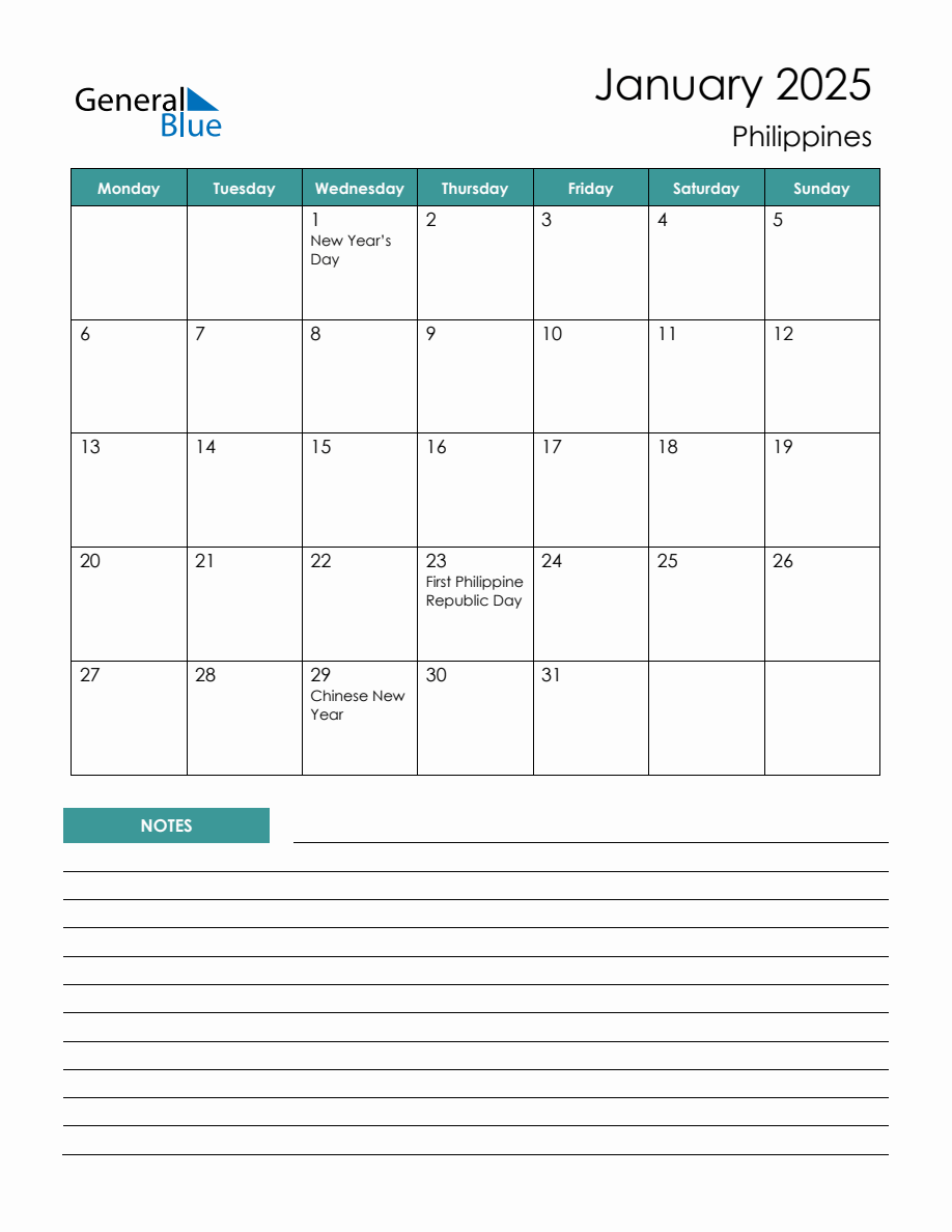 Monthly Planner with Philippines Holidays January 2025