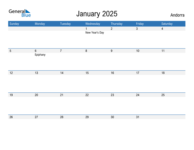 January 2025 Calendar with Andorra Holidays