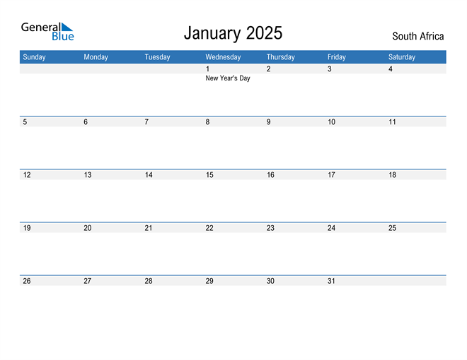 January 2025 Calendar with South Africa Holidays