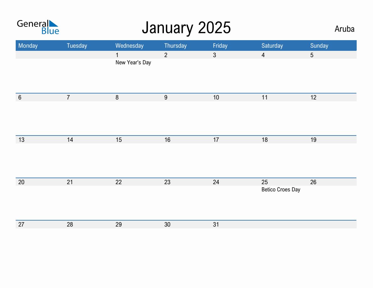 Editable January 2025 Calendar with Aruba Holidays