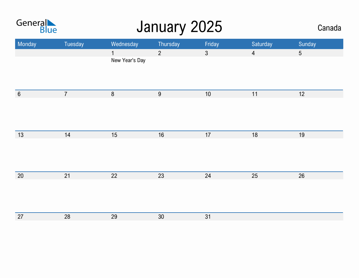 Editable January 2025 Calendar with Canada Holidays