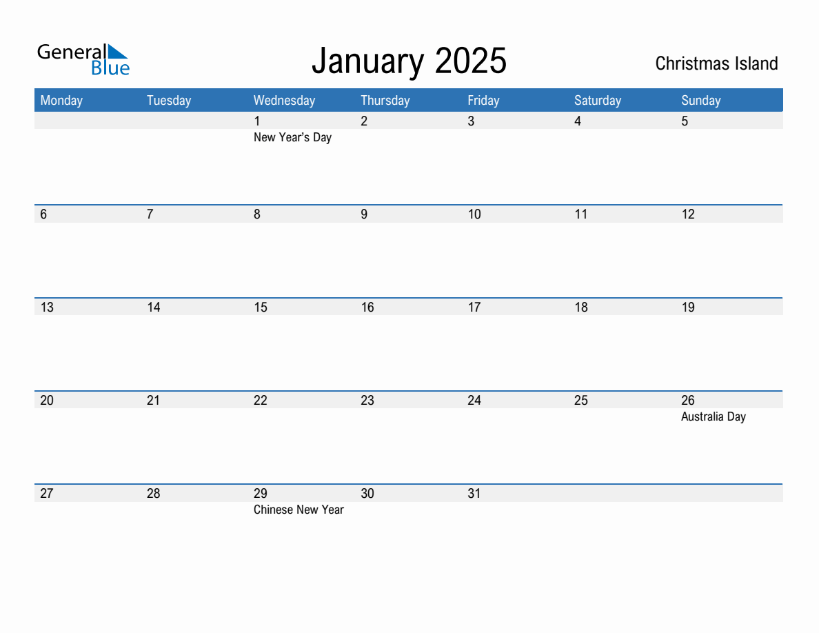 Editable January 2025 Calendar with Christmas Island Holidays