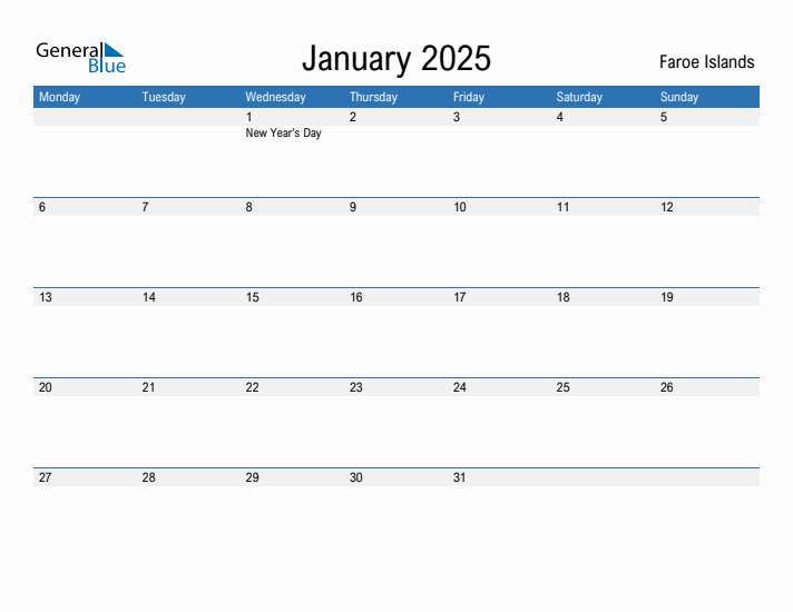 Editable January 2025 Calendar with Faroe Islands Holidays