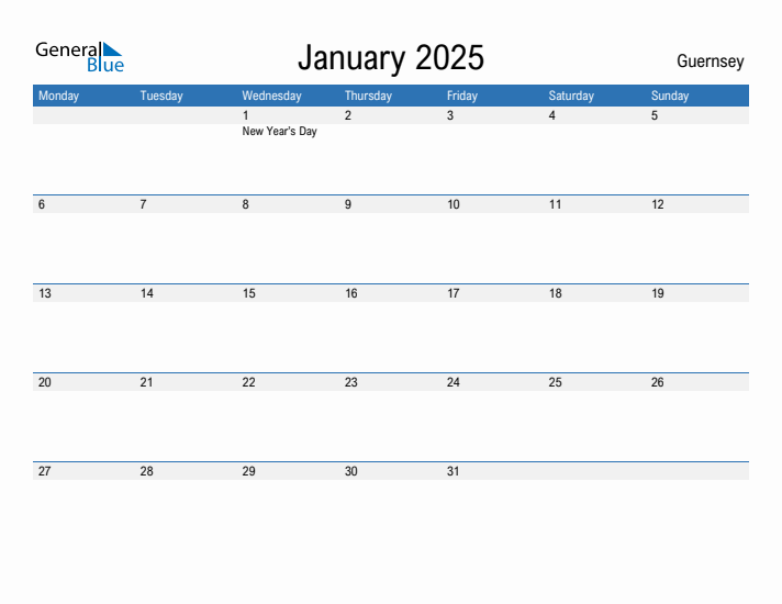 Editable January 2025 Calendar with Guernsey Holidays