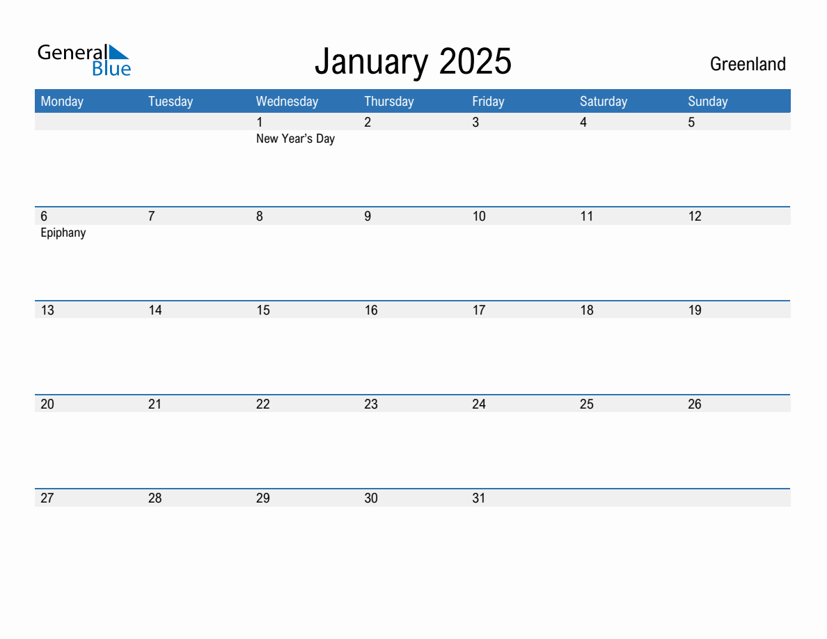 Editable January 2025 Calendar with Greenland Holidays