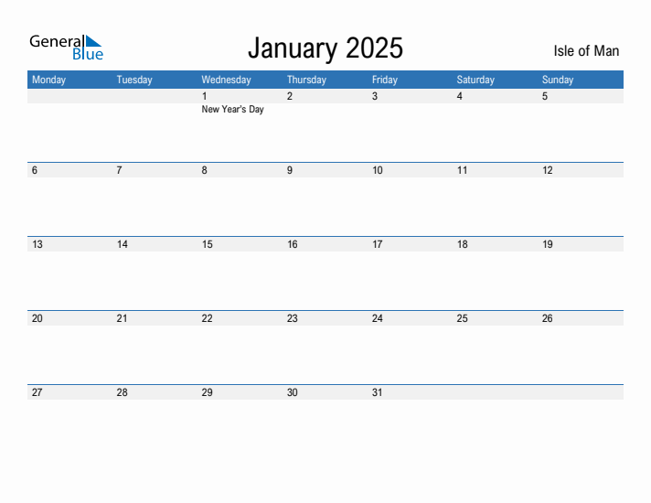 Editable January 2025 Calendar with Isle of Man Holidays