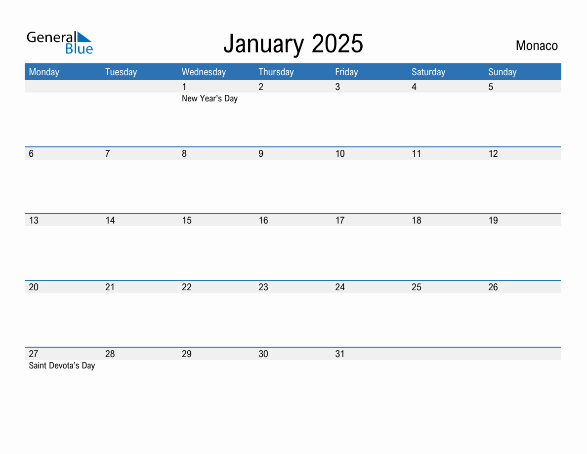 Editable January 2025 Calendar with Monaco Holidays