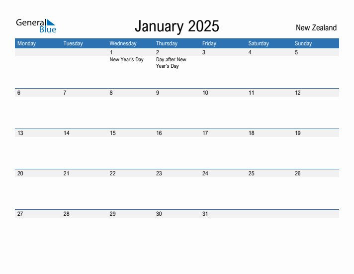 January 2025 - New Zealand Monthly Calendar with Holidays