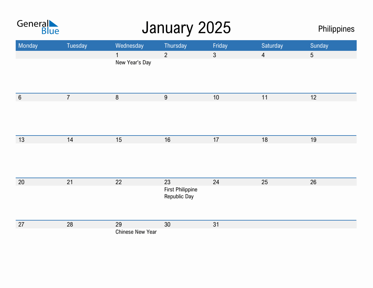 Editable January 2025 Calendar with Philippines Holidays