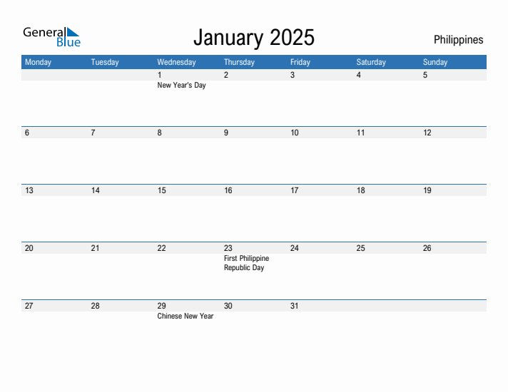 Editable January 2025 Calendar with Philippines Holidays