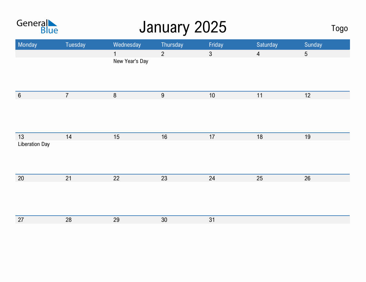 Editable January 2025 Calendar with Togo Holidays