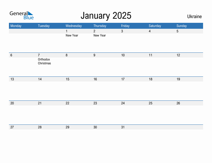 Editable January 2025 Calendar with Ukraine Holidays