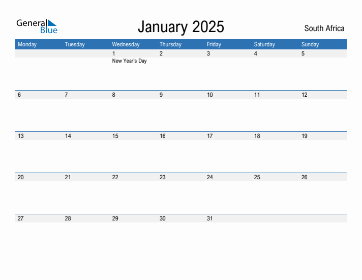 January 2025 South Africa Monthly Calendar with Holidays